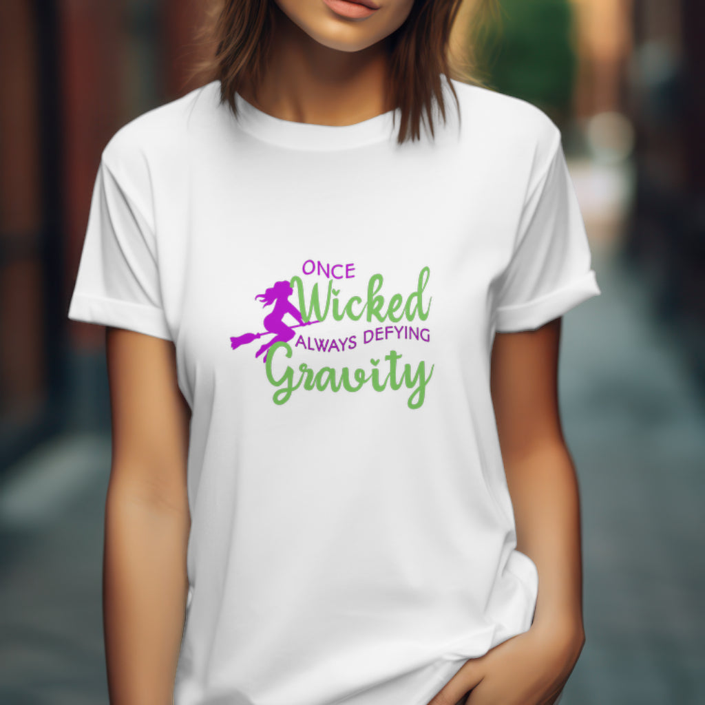 Once Wicked Always Defying Gravity T-Shirt, Wicked Musical Sweater, Wizard of Oz T-shirt Broomstick, Witch Pink And Green Tee