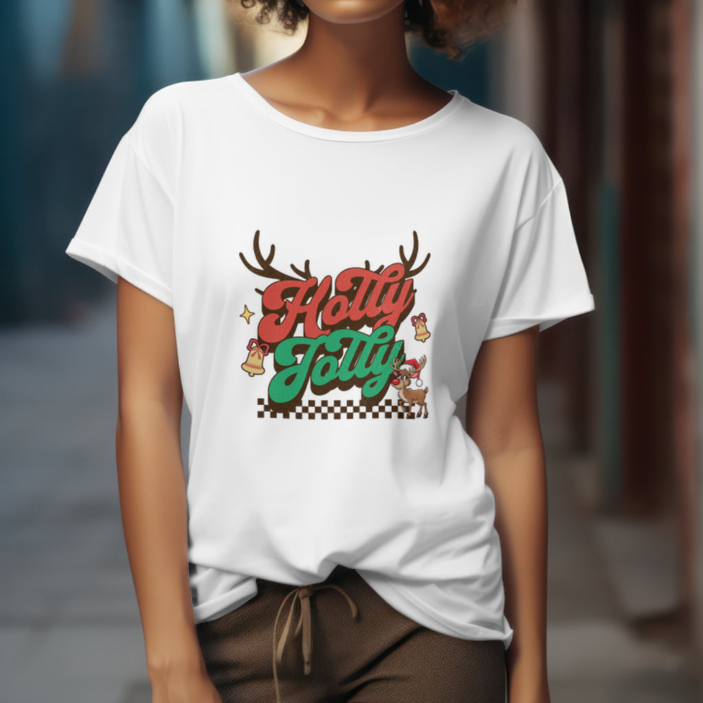 Holly Jolly Retro Christmas T-Shirt with Reindeer and Bells