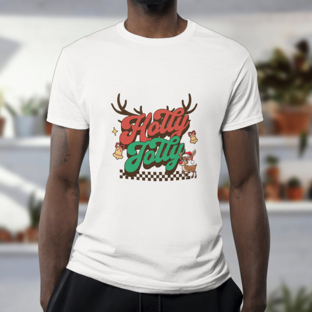 Holly Jolly Retro Christmas T-Shirt with Reindeer and Bells