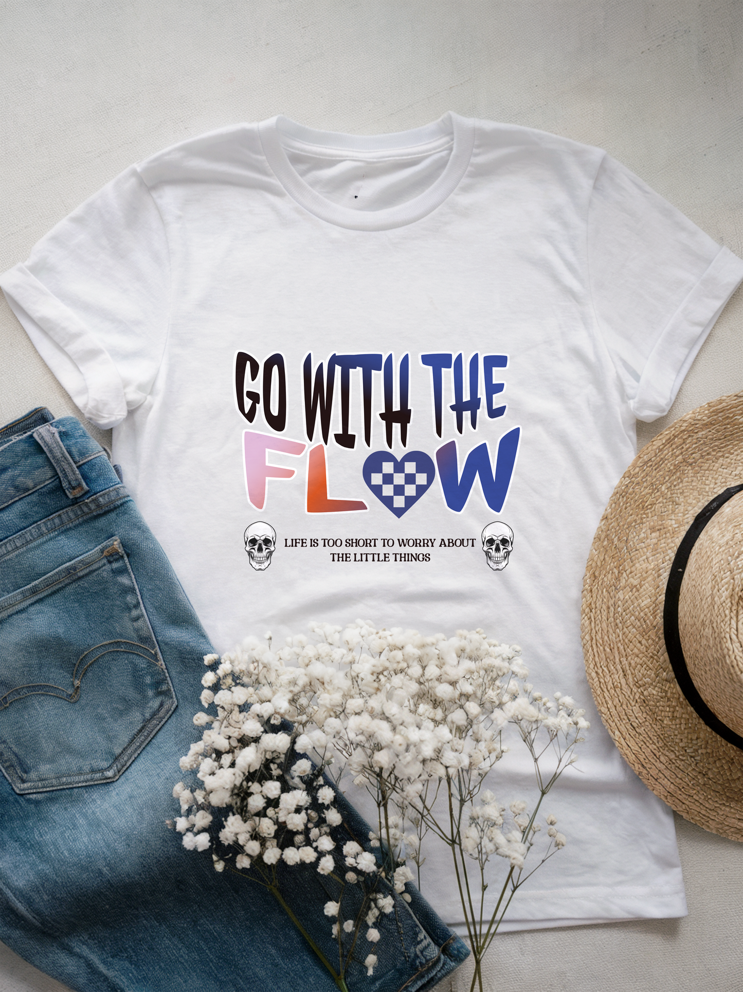 Go with the Flow Motivational Skull Graphic T-Shirt