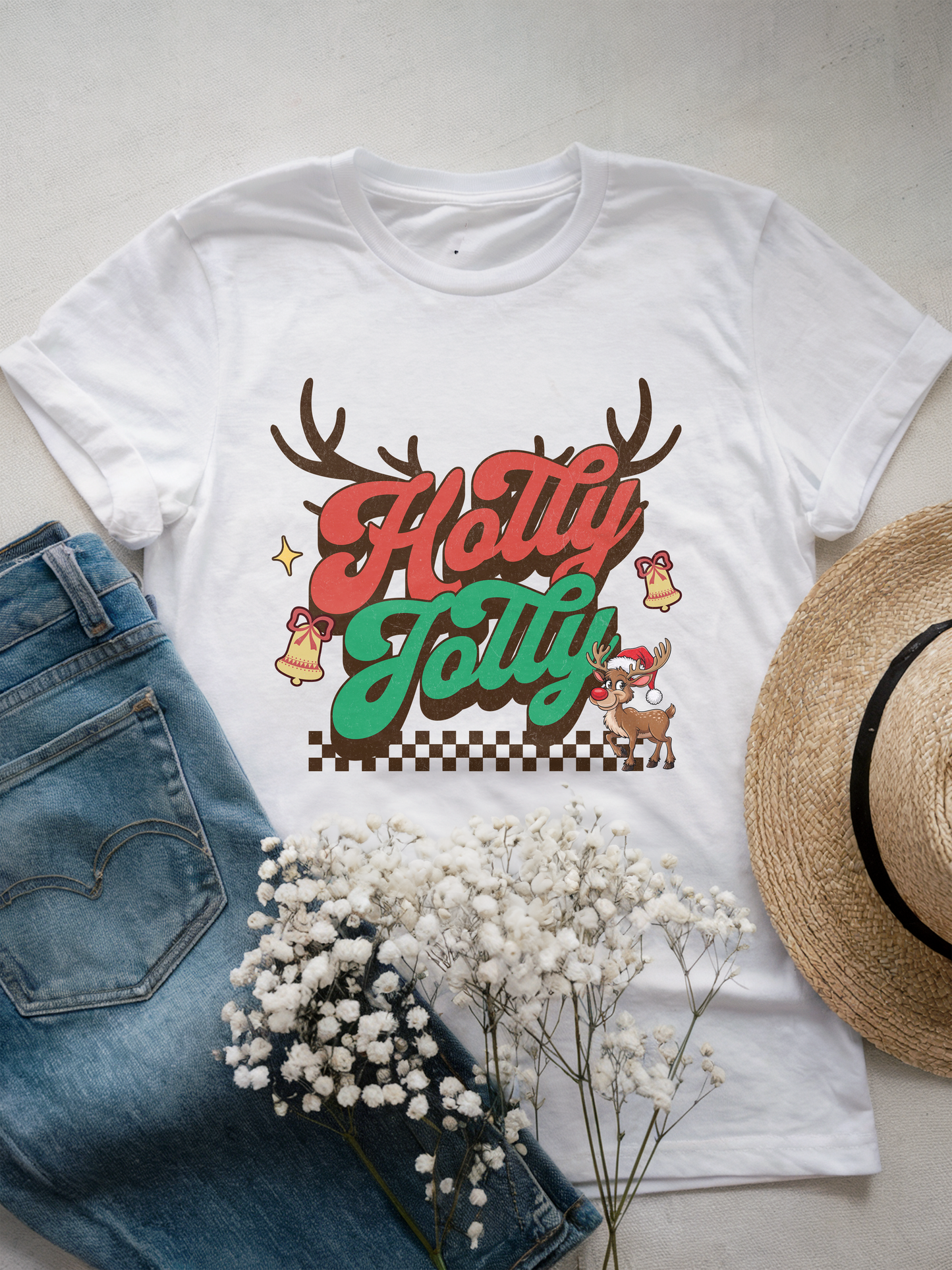 Holly Jolly Retro Christmas T-Shirt with Reindeer and Bells