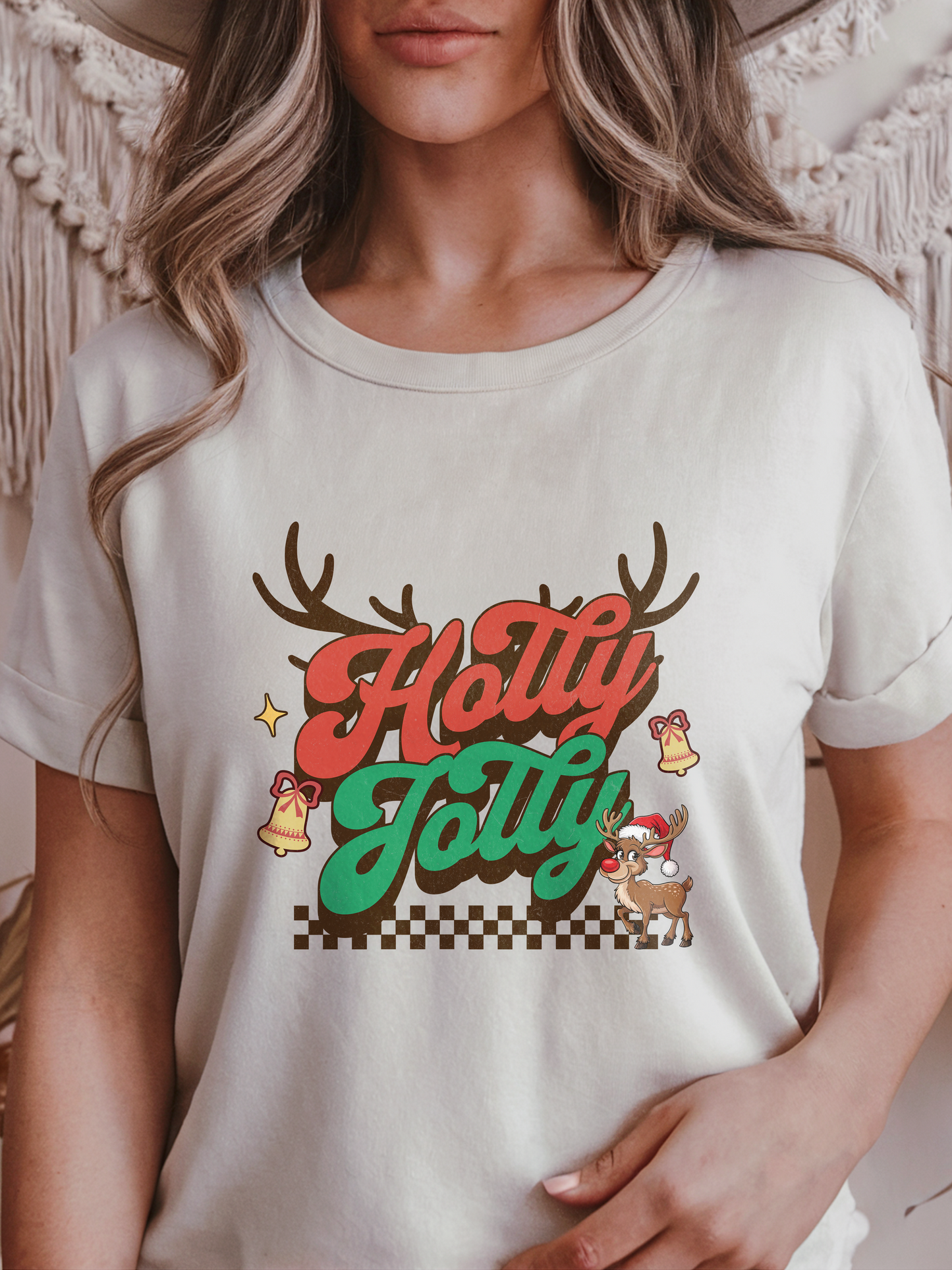 Holly Jolly Retro Christmas T-Shirt with Reindeer and Bells