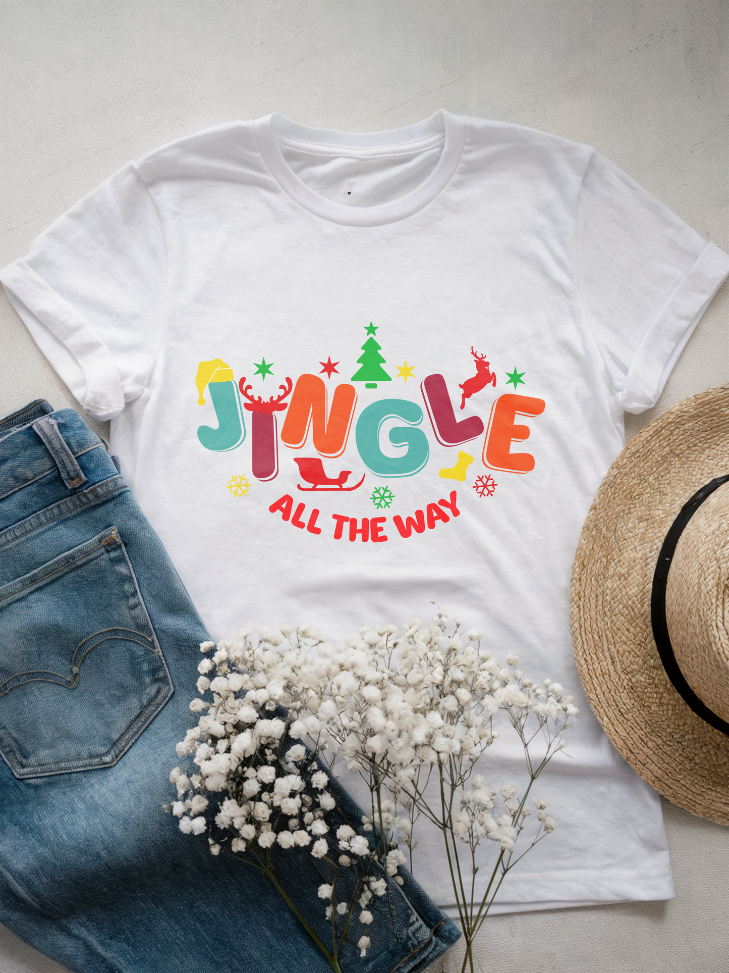 Holly Jolly Retro Christmas T-Shirt with Reindeer and Bells