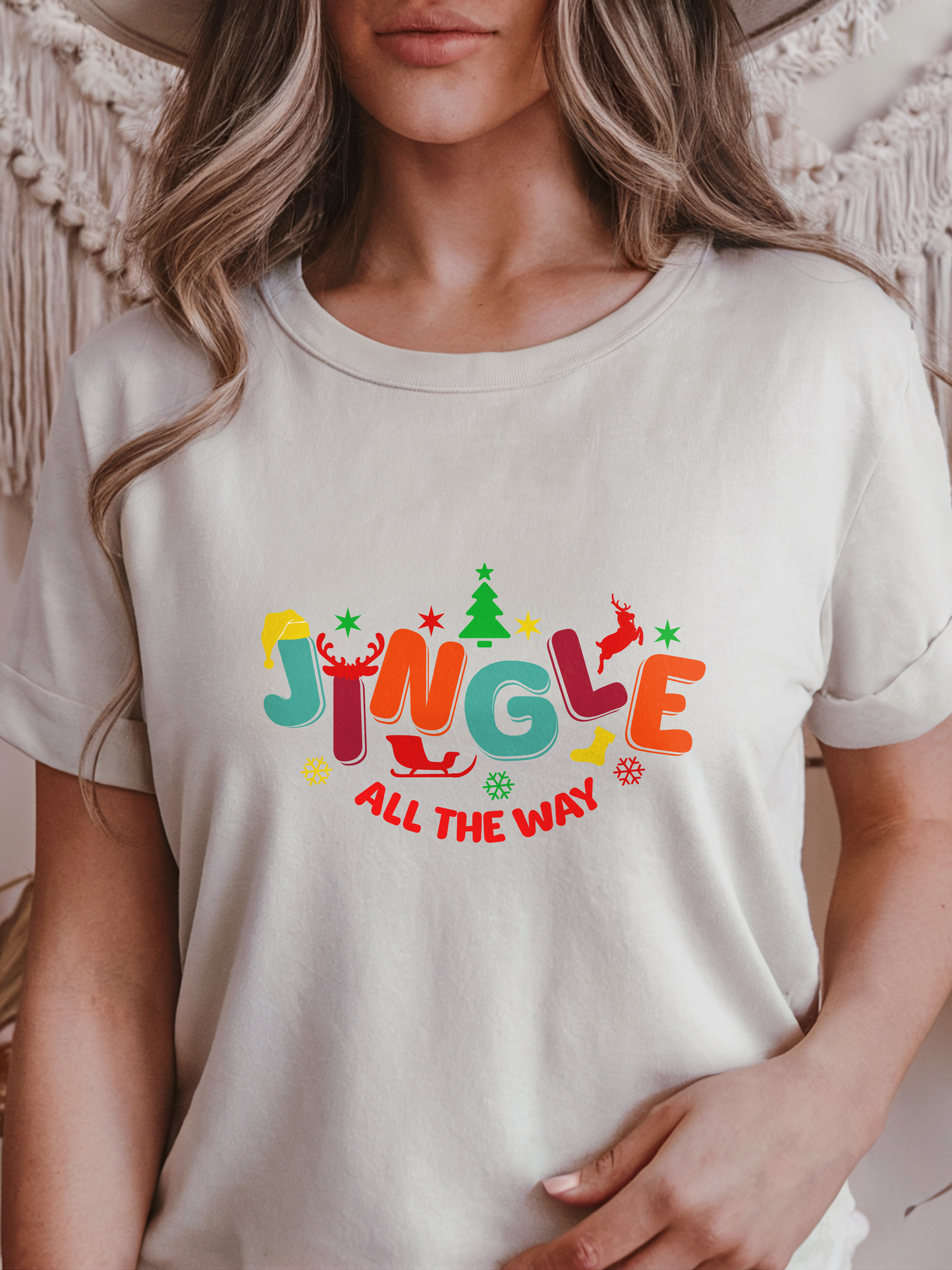 Holly Jolly Retro Christmas T-Shirt with Reindeer and Bells