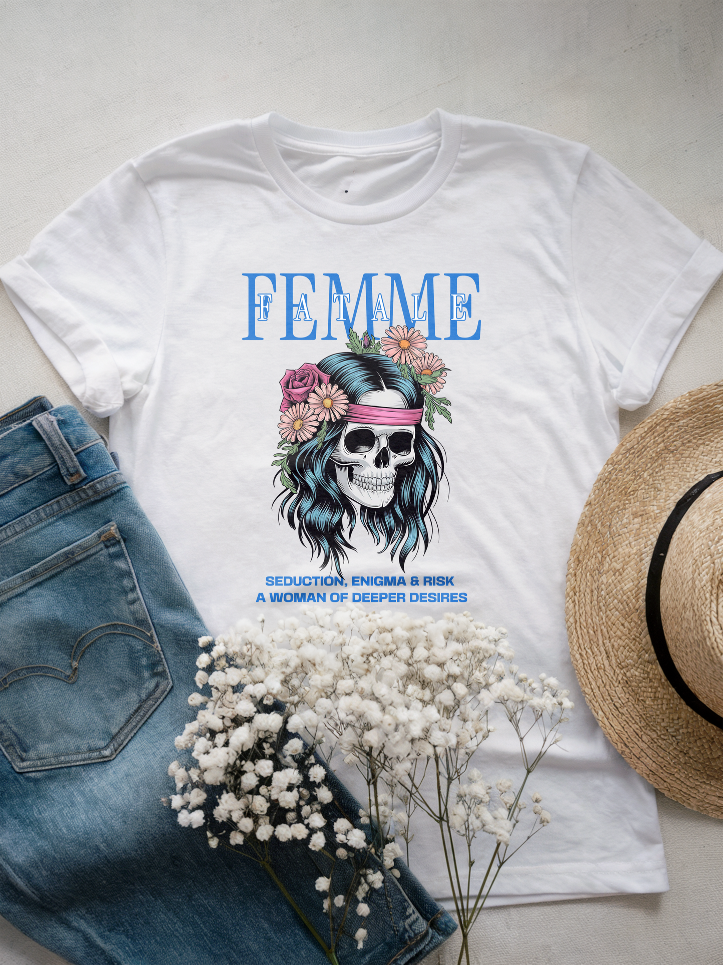Femme Fatale Skull T-Shirt | Seductive Floral Skull Design | Strong Women Inspirational Design | Streetwear Fashion, Gothic, Halloween