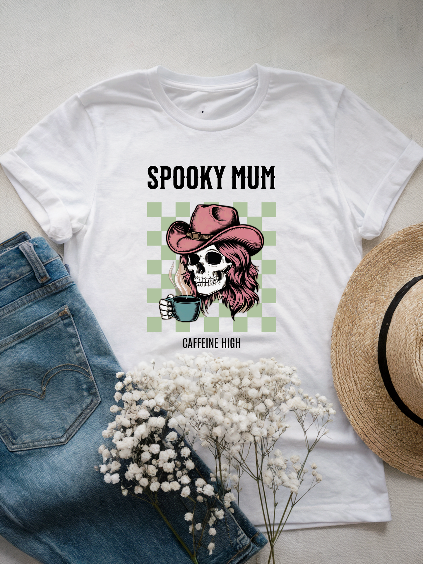 Spooky Mum | Cowgirl Skull Coffee Lover T-Shirt | Western Skeleton Design | Halloween Shirt | Trendy Fashion | Mum Gift Idea