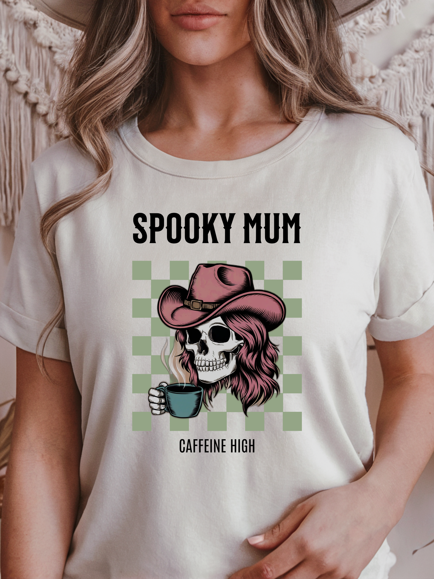 Spooky Mum | Cowgirl Skull Coffee Lover T-Shirt | Western Skeleton Design | Halloween Shirt | Trendy Fashion | Mum Gift Idea