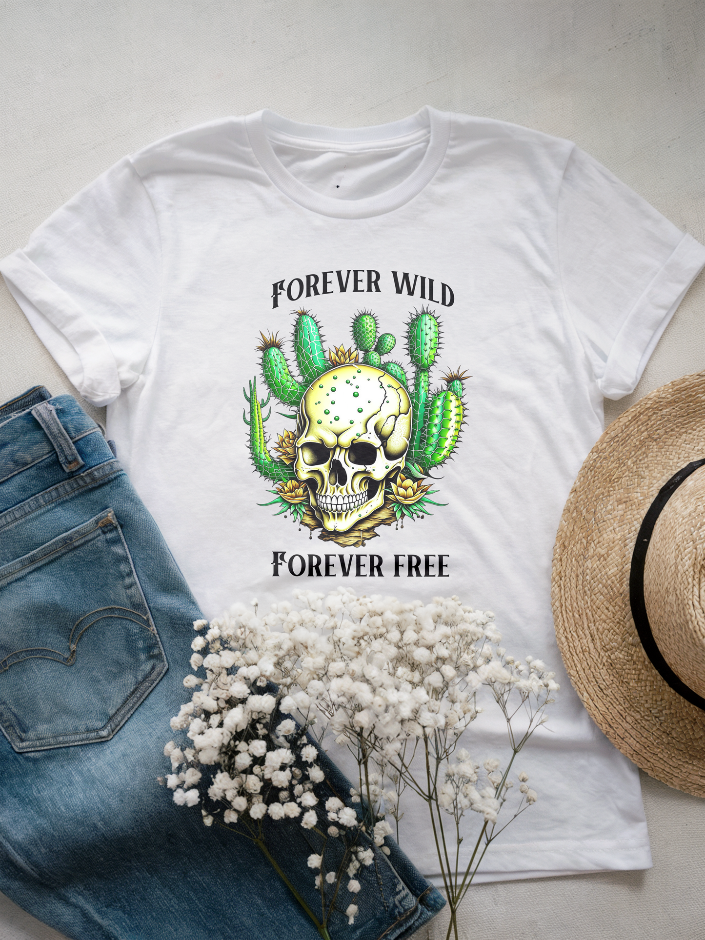 Forever Wild Forever Free Skull T-Shirt | Desert Cactus Skull Design | Inspirational Empowering Quotes, Halloween Shirt, Streetwear Art