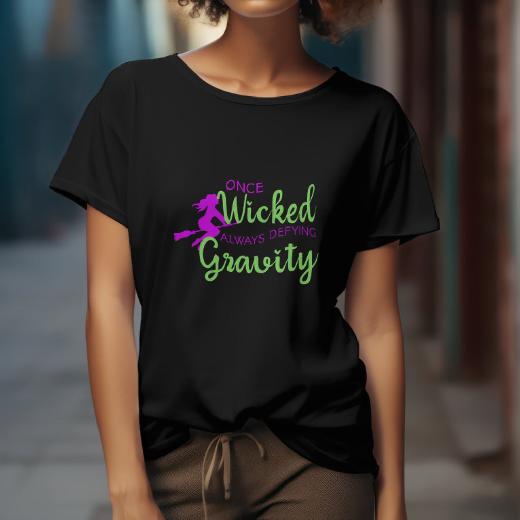 Once Wicked Always Defying Gravity T-Shirt, Wicked Musical Sweater, Wizard of Oz T-shirt Broomstick, Witch Pink And Green Tee