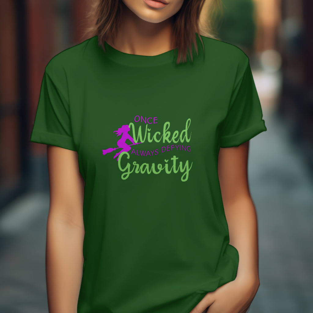 Once Wicked Always Defying Gravity T-Shirt, Wicked Musical Sweater, Wizard of Oz T-shirt Broomstick, Witch Pink And Green Tee