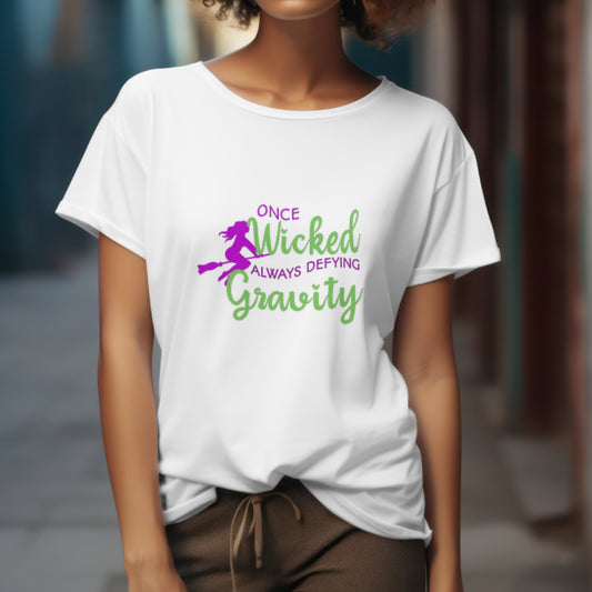 Once Wicked Always Defying Gravity T-Shirt, Wicked Musical Sweater, Wizard of Oz T-shirt Broomstick, Witch Pink And Green Tee