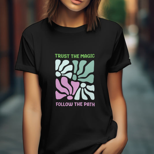 Trust the Magic Retro T-Shirt - Follow the Path Inspirational Design, Wicked Musical, Wizard of Oz T-shirt, Pink And Green Tee