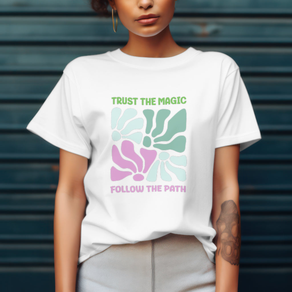 Trust the Magic Retro T-Shirt - Follow the Path Inspirational Design, Wicked Musical, Wizard of Oz T-shirt, Pink And Green Tee