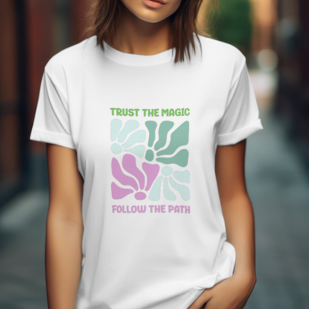 Trust the Magic Retro T-Shirt - Follow the Path Inspirational Design, Wicked Musical, Wizard of Oz T-shirt, Pink And Green Tee