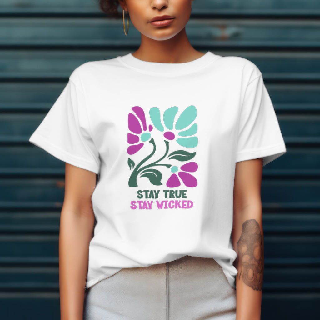 Stay True Stay Wicked Floral Retro T-Shirt - Inspirational Design, Wicked Musical, Wizard of Oz T-shirt, Pink And Green Tee