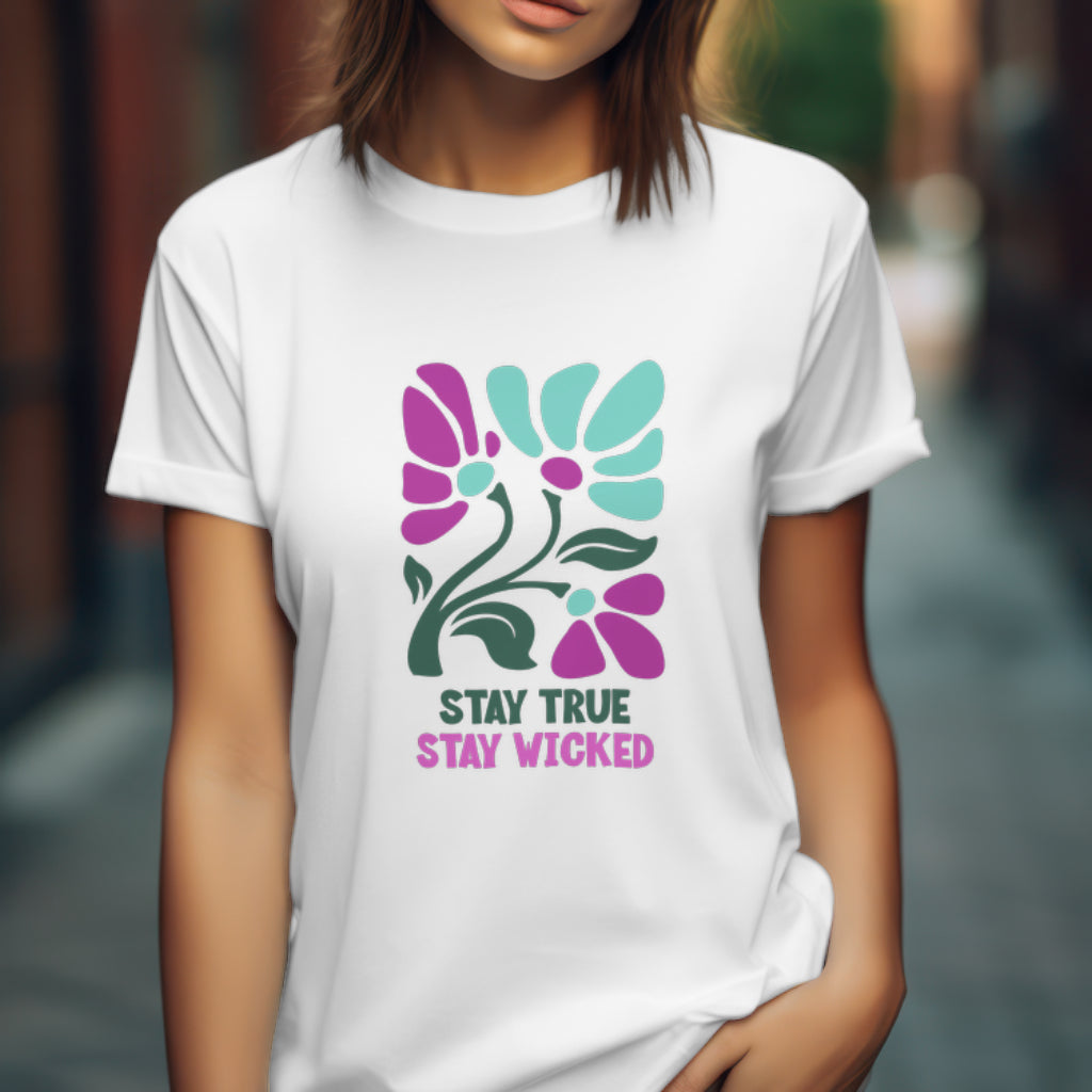 Stay True Stay Wicked Floral Retro T-Shirt - Inspirational Design, Wicked Musical, Wizard of Oz T-shirt, Pink And Green Tee