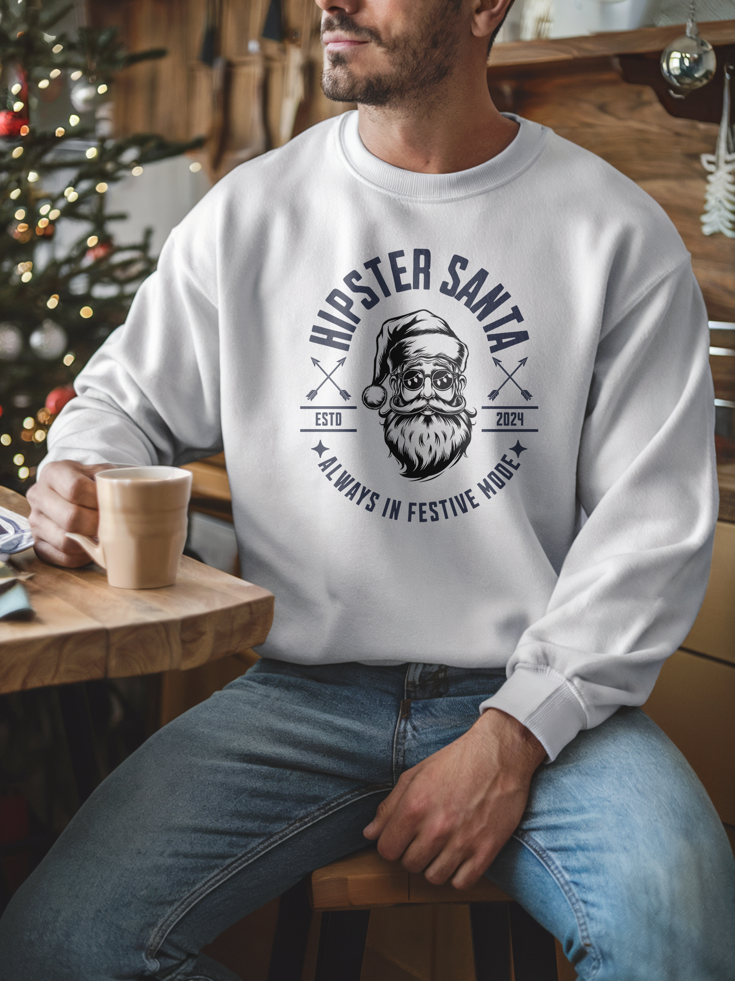 Hipster Santa Sweatshirt, Cool Christmas Sweater, Always in Festive Mode Holiday Shirt