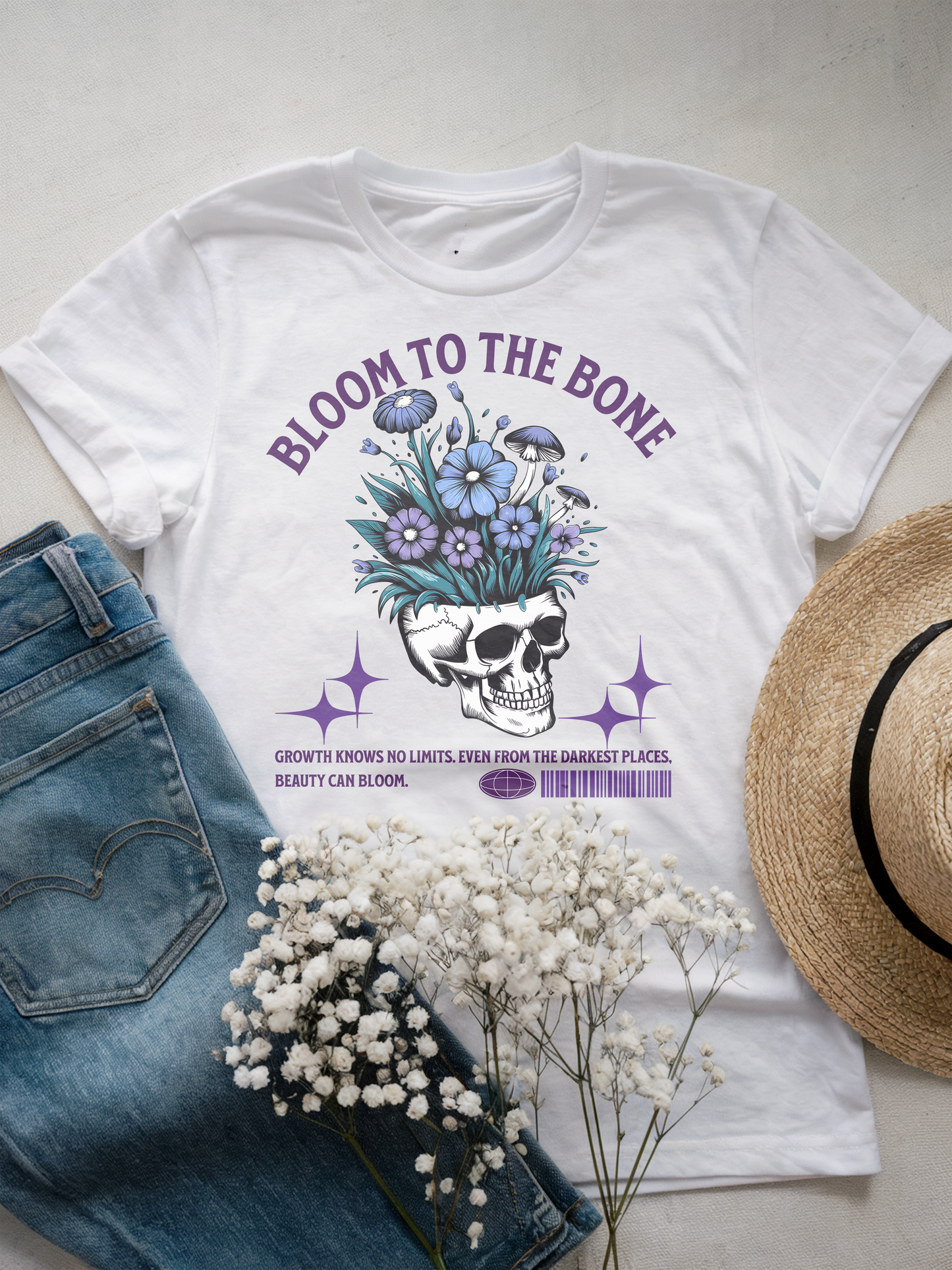 Bloom to the Bone Skull and Flowers Inspirational T-Shirt