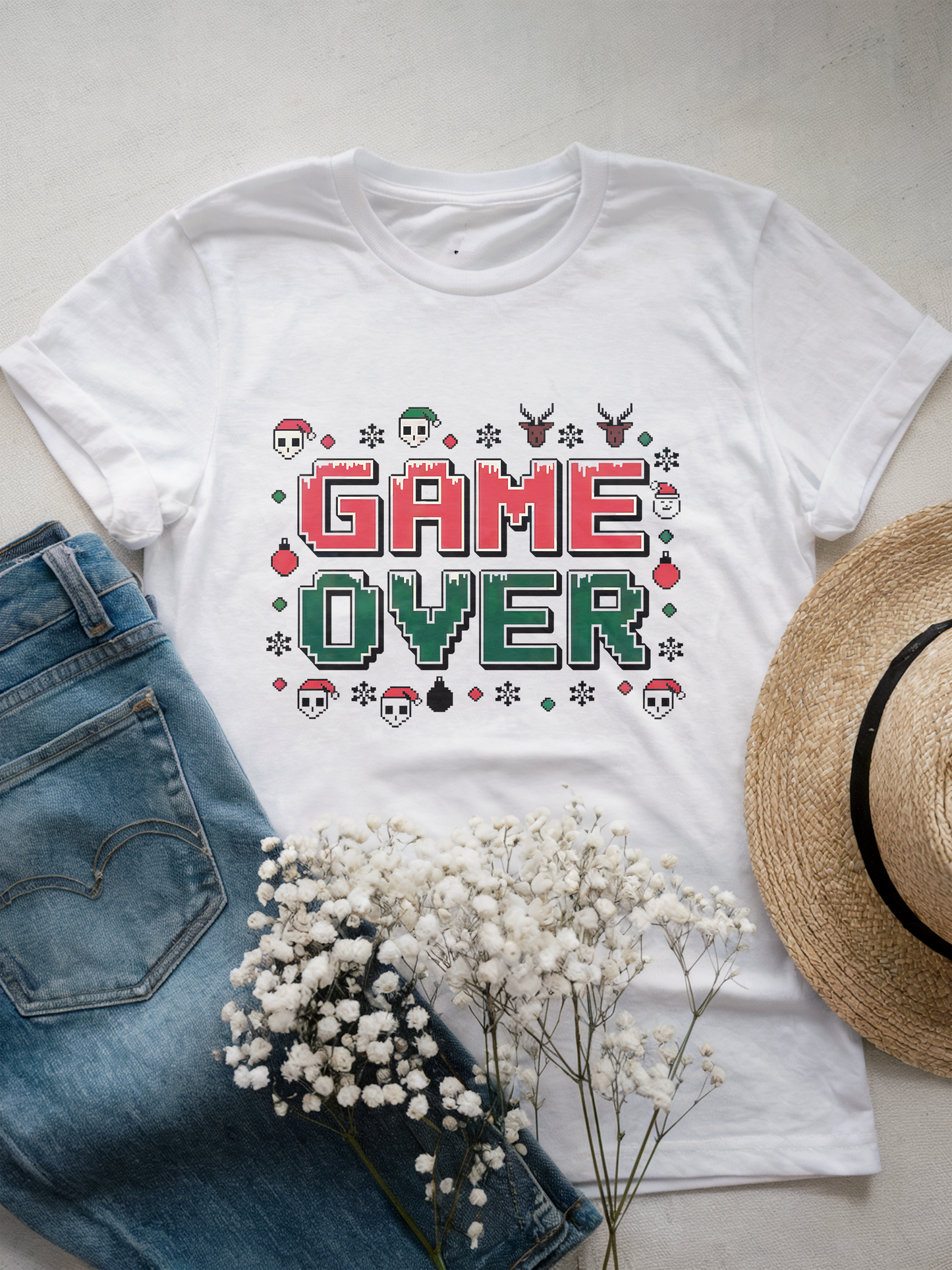 Christmas Game Over Shirt, Retro Gamer Holiday Tee, Pixel Art Xmas Design