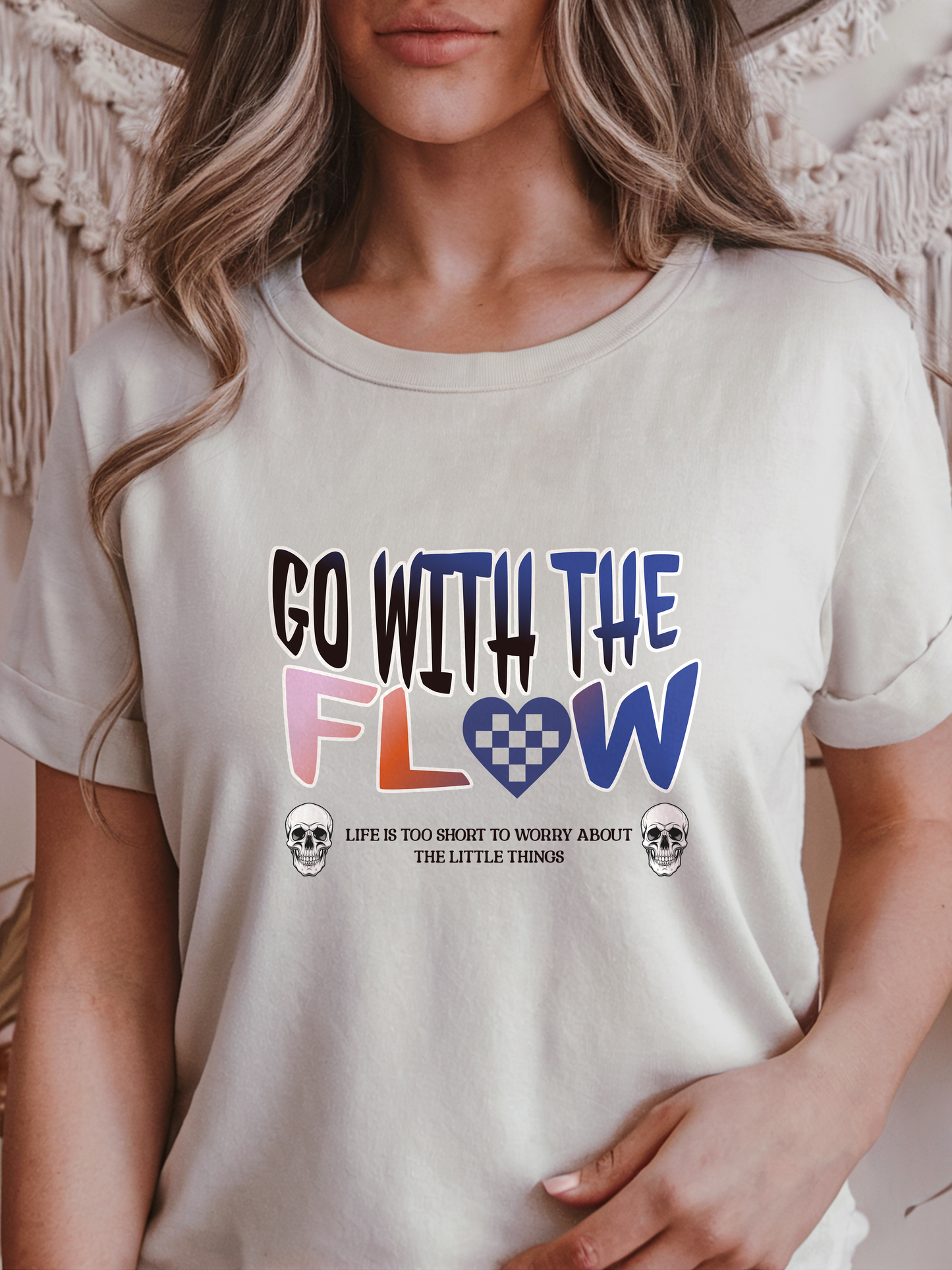 Go with the Flow Motivational Skull Graphic T-Shirt