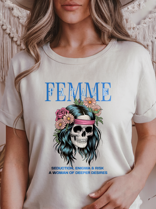 Femme Fatale Skull T-Shirt | Seductive Floral Skull Design | Strong Women Inspirational Design  | Streetwear Fashion, Gothic, Halloween