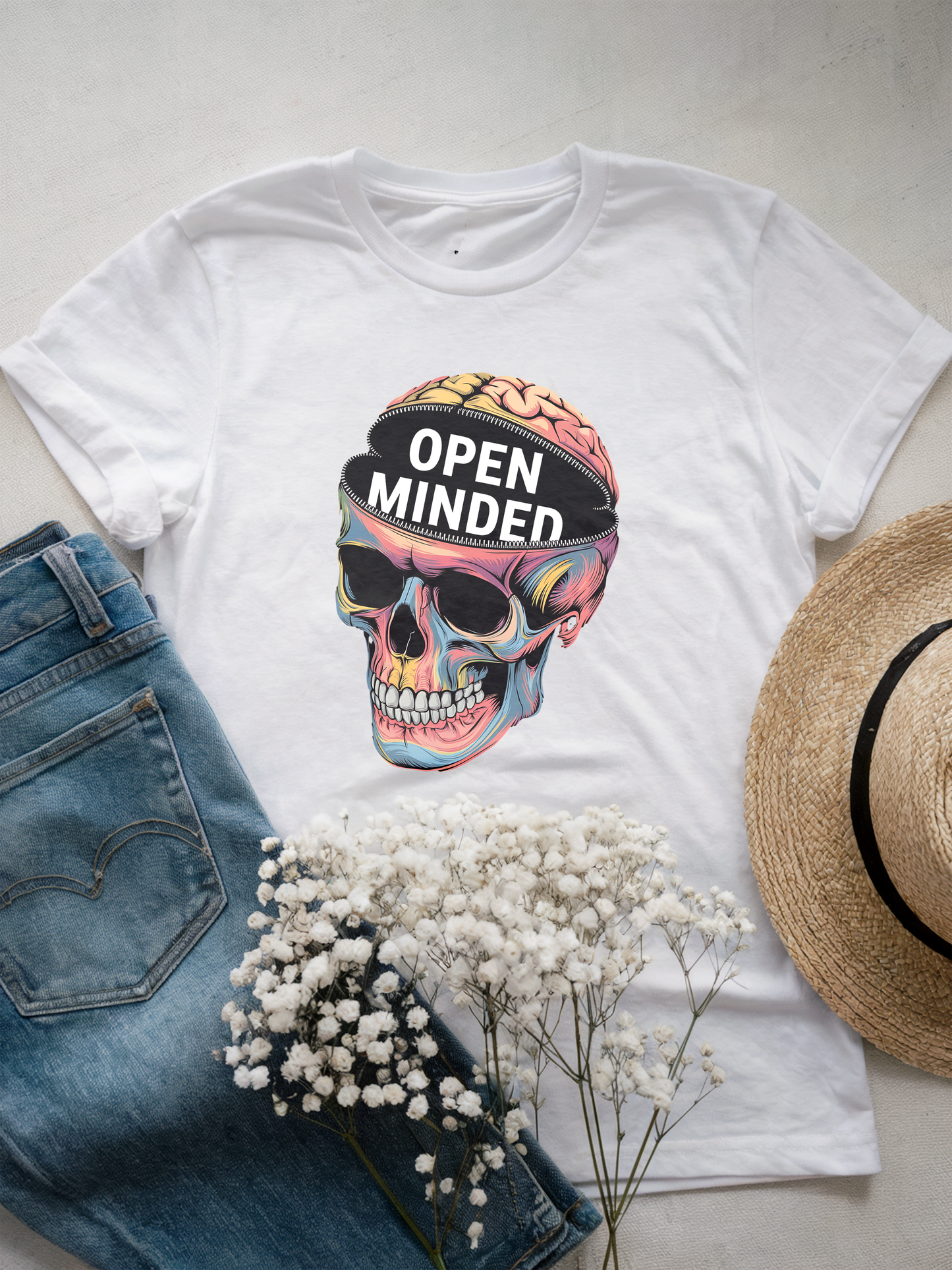 Open Minded Colorful Skull with Brain Graphic T-Shirt