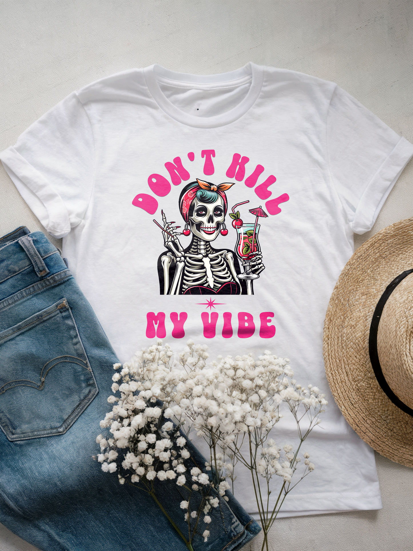 Don't Kill My Vibe Skeleton T-Shirt | Fun Retro Cocktail Design | Fun Mum T-Shirt | Halloween Skeleton  | Vibrant and Happy Design