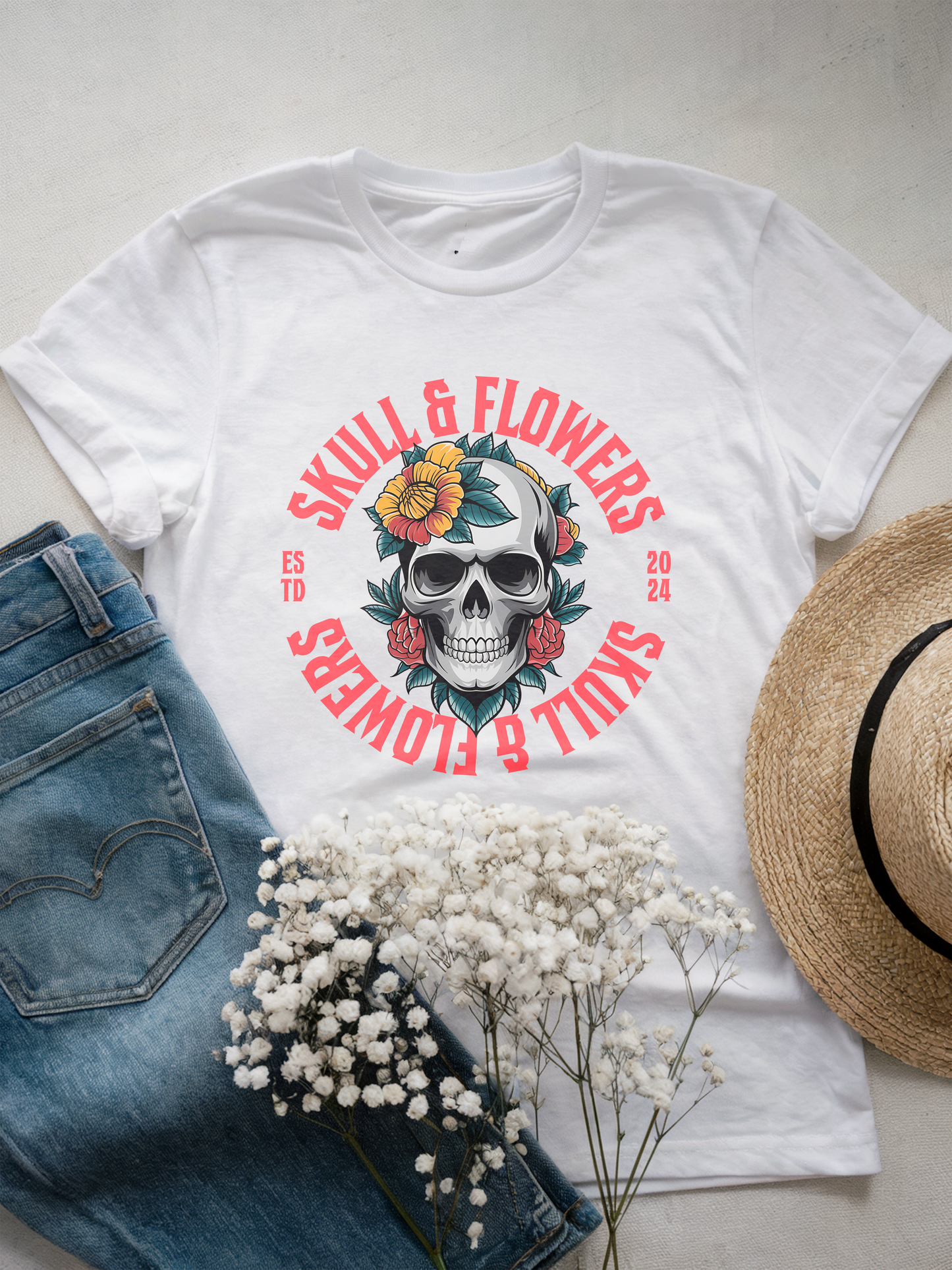 Skull and Flowers T-Shirt | Bold Floral Skull Design |  Inspirational Empowering Quotes | Halloween Shirt | Him and Her gift