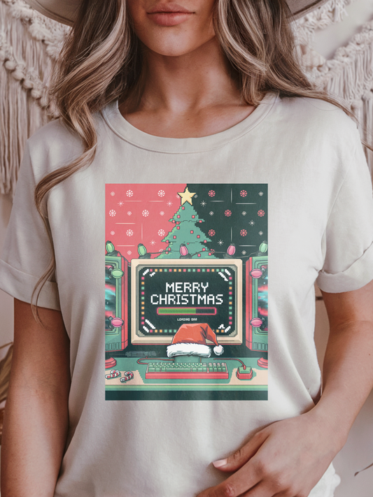 Pixel Art Merry Christmas Gamer Shirt, Retro Computer Holiday Design, Loading Bar Christmas